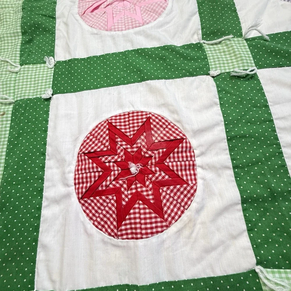 Vintage Handmade Patchwork Quilt Green Star Applique Tied Lap Throw Cottagecore